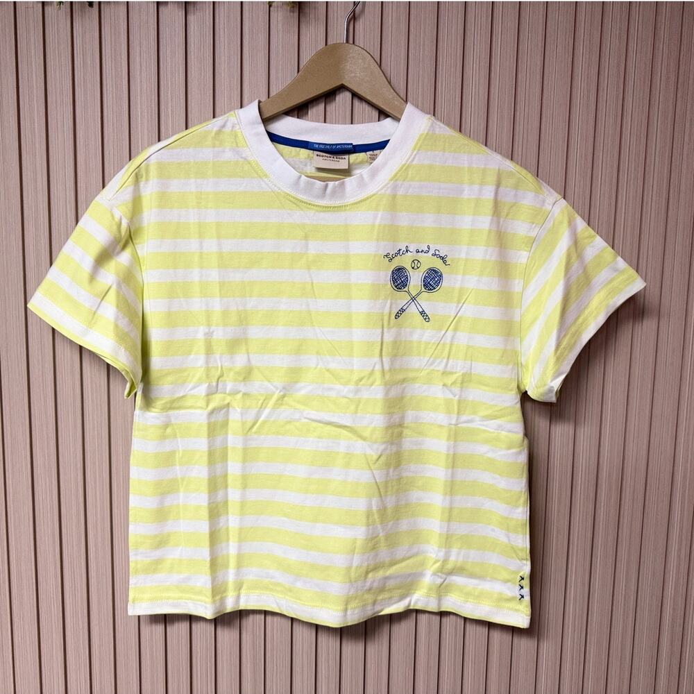Scotch & Soda Boxy Striped Tee Tennis Racket Embroidered Women’s Size S - Picture 1 of 11